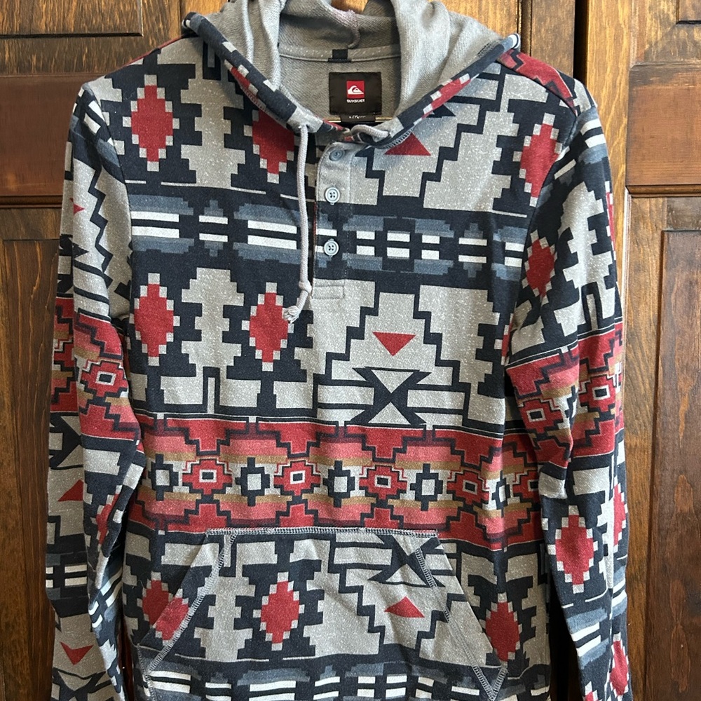 Quiksilver Aztec Pattern Hoodie in Blue, Red and Gray
